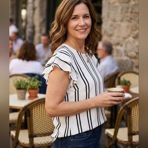 A New Day Striped Ruffle Sleeve Blouse White Black Vertical Stripe Top Medium